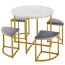 Mesa de jantar e 4 cadeiras - tampo em MDF, estrutura em ferro dourado e almofadas em veludo cinzento - Branco e dourado