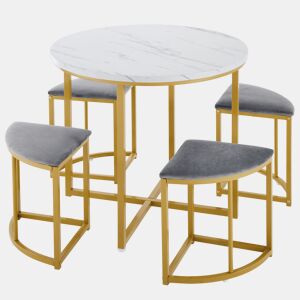 Mesa de jantar e 4 cadeiras - tampo em MDF, estrutura em ferro dourado e almofadas em veludo cinzento - Branco e dourado