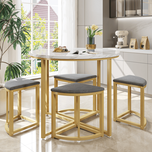 Mesa de jantar e 4 cadeiras - tampo em MDF, estrutura em ferro dourado e almofadas em veludo cinzento - Branco e dourado