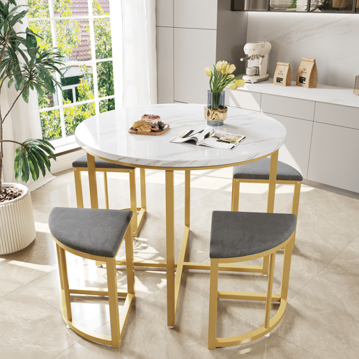Mesa de jantar e 4 cadeiras - tampo em MDF, estrutura em ferro dourado e almofadas em veludo cinzento - Branco e dourado