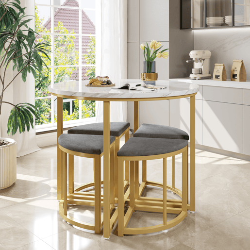 Mesa de jantar e 4 cadeiras - tampo em MDF, estrutura em ferro dourado e almofadas em veludo cinzento - Branco e dourado