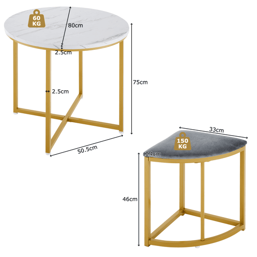 Mesa de jantar e 4 cadeiras - tampo em MDF, estrutura em ferro dourado e almofadas em veludo cinzento - Branco e dourado