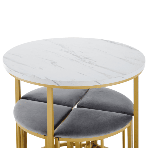 Mesa de jantar e 4 cadeiras - tampo em MDF, estrutura em ferro dourado e almofadas em veludo cinzento - Branco e dourado
