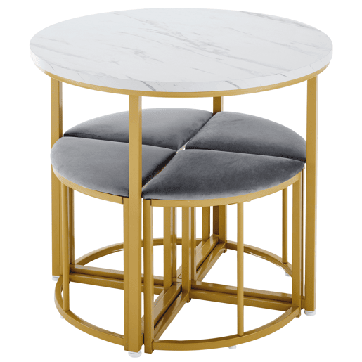 Mesa de jantar e 4 cadeiras - tampo em MDF, estrutura em ferro dourado e almofadas em veludo cinzento - Branco e dourado