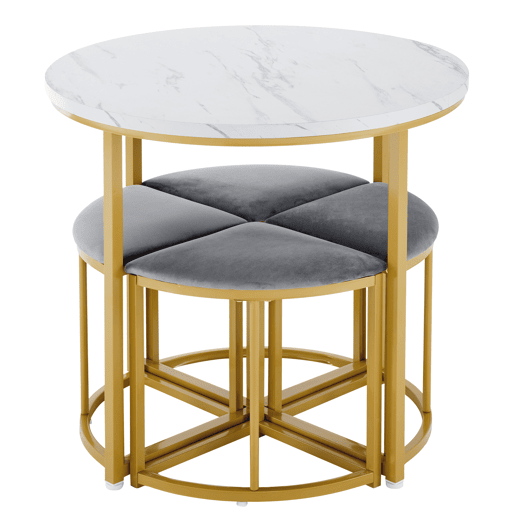 Mesa de jantar e 4 cadeiras - tampo em MDF, estrutura em ferro dourado e almofadas em veludo cinzento - Branco e dourado