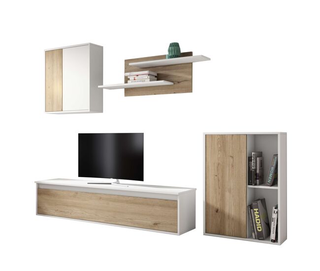 Conjunto de mueble salón comedor legos 3 módulos color blanco mate y roble naturale estanterías y almacenaje 220 cm