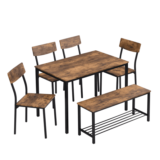 Conjunto Mesa e 4 Cadeiras 1 Banco - 6 lugares - estrutura em aço - estilo industrial - Castanho