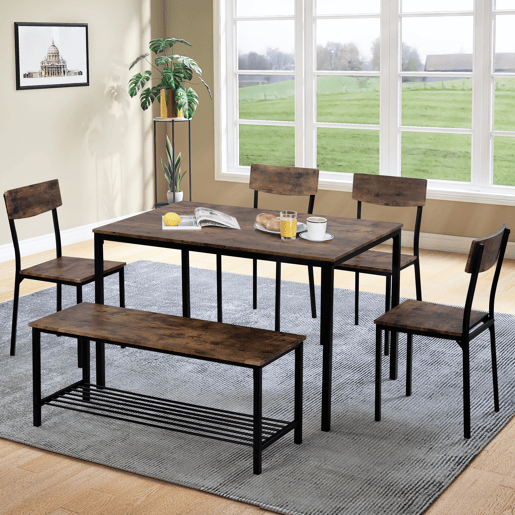 Conjunto Mesa e 4 Cadeiras 1 Banco - 6 lugares - estrutura em aço - estilo industrial - Castanho