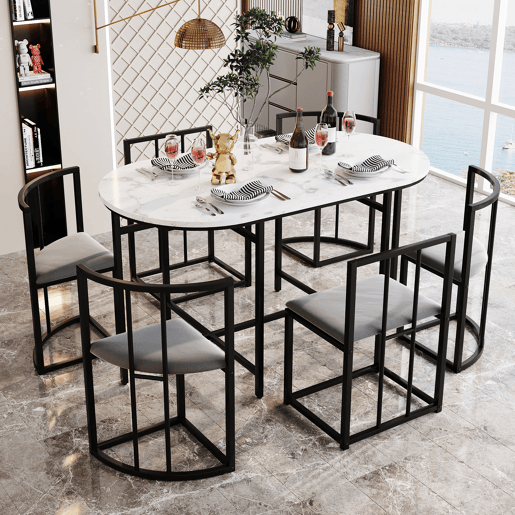 Conjunto de mesa e 6 cadeiras - cadeiras com assento e almofadas para as costas - preto Conjunto de mesa e 6 cadeiras - cadeiras com assento e almofadas para as costas - preto
