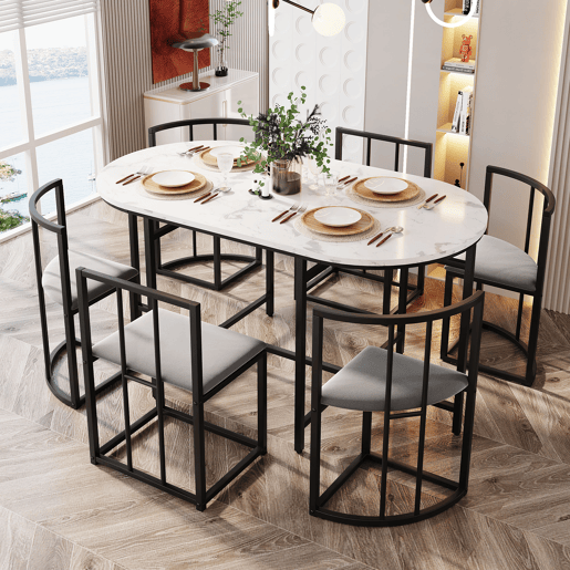 Conjunto de mesa e 6 cadeiras - cadeiras com assento e almofadas para as costas - preto Conjunto de mesa e 6 cadeiras - cadeiras com assento e almofadas para as costas - preto