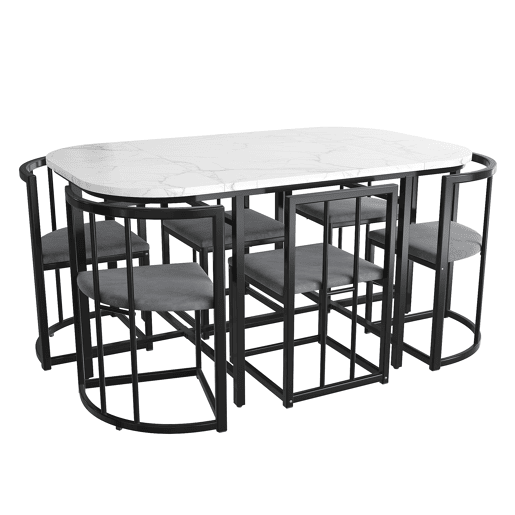 Conjunto de mesa e 6 cadeiras - cadeiras com assento e almofadas para as costas - preto Conjunto de mesa e 6 cadeiras - cadeiras com assento e almofadas para as costas - preto