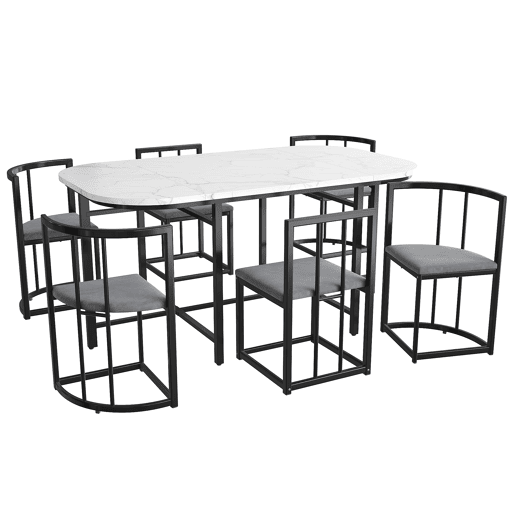 Conjunto de mesa e 6 cadeiras - cadeiras com assento e almofadas para as costas - preto Conjunto de mesa e 6 cadeiras - cadeiras com assento e almofadas para as costas - preto