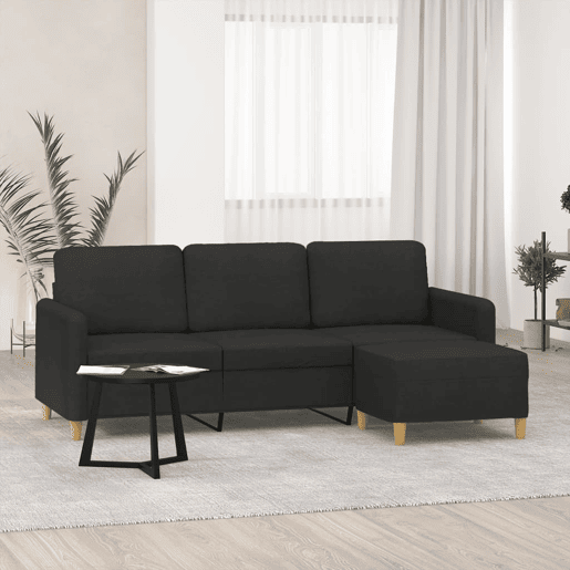 Sofá de 3 lugares - Sofá fixo com apoio de pés 180 cm tecido preto Sofá de 3 lugares - Sofá fixo com apoio de pés 180 cm tecido preto