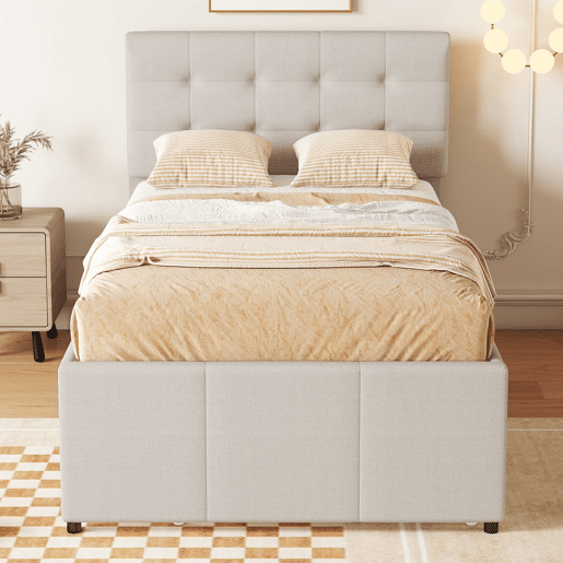Cama estofada 90x200cm com cama de rodízio 90x190cm - em tecido de linho - com 3 gavetas e estrado de molas - Bege