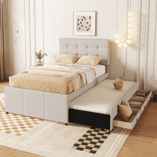 Cama estofada 90x200cm com cama de rodízio 90x190cm - em tecido de linho - com 3 gavetas e estrado de molas - Bege