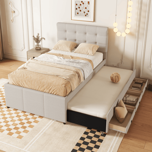 Cama estofada 90x200cm com cama de rodízio 90x190cm - em tecido de linho - com 3 gavetas e estrado de molas - Bege