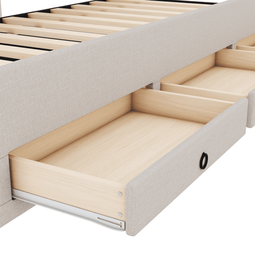 Cama estofada 90x200cm com cama de rodízio 90x190cm - em tecido de linho - com 3 gavetas e estrado de molas - Bege