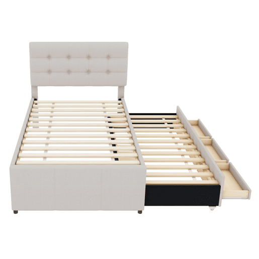 Cama estofada 90x200cm com cama de rodízio 90x190cm - em tecido de linho - com 3 gavetas e estrado de molas - Bege