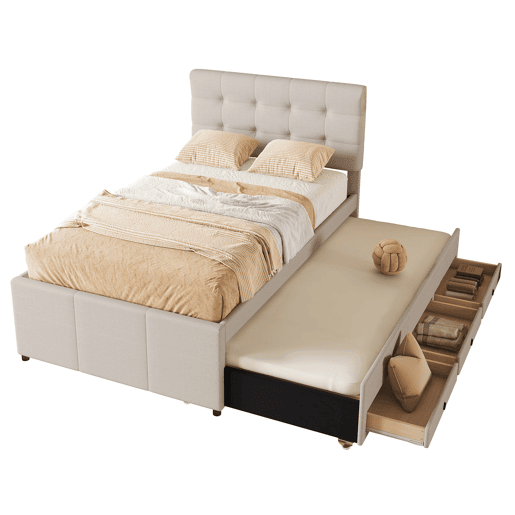 Cama estofada 90x200cm com cama de rodízio 90x190cm - em tecido de linho - com 3 gavetas e estrado de molas - Bege