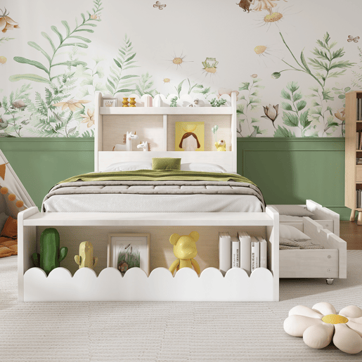 Cama individual em madeira 90x190cm - com 2 gavetas e prateleiras - Branco (colchão não incluído)