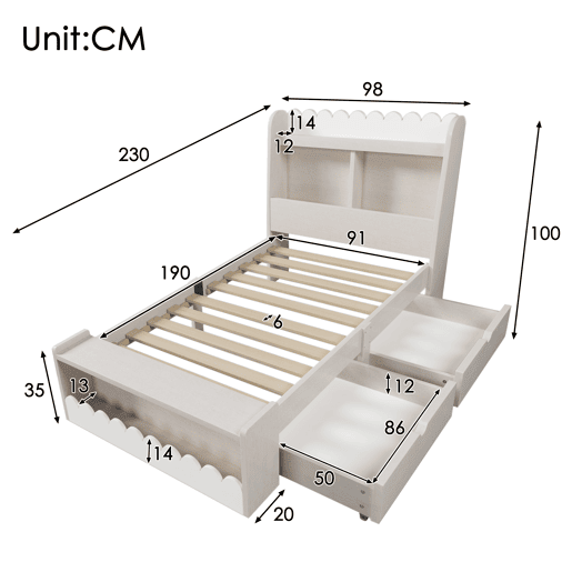 Cama individual em madeira 90x190cm - com 2 gavetas e prateleiras - Branco (colchão não incluído)