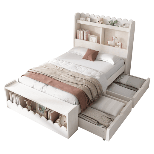 Cama individual em madeira 90x190cm - com 2 gavetas e prateleiras - Branco (colchão não incluído)