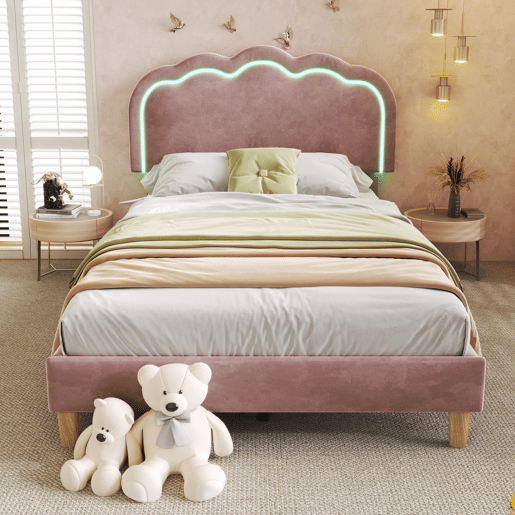 Cama estofada em veludo 90x200cm - com LED e estrado - Rosa Cama estofada em veludo 90x200cm - com LED e estrado - Rosa