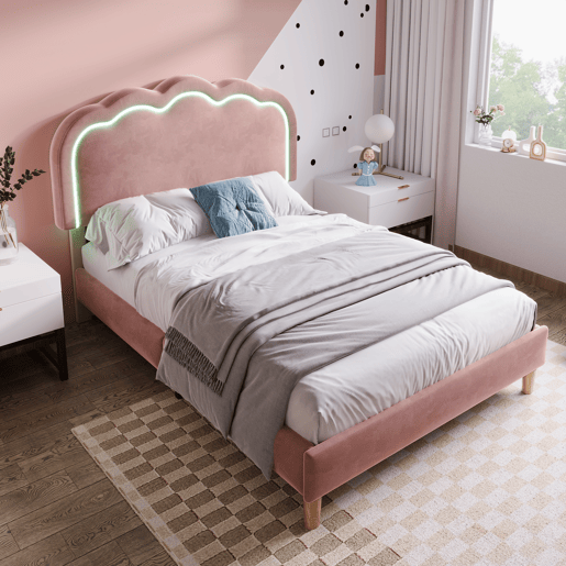 Cama estofada em veludo 90x200cm - com LED e estrado - Rosa Cama estofada em veludo 90x200cm - com LED e estrado - Rosa