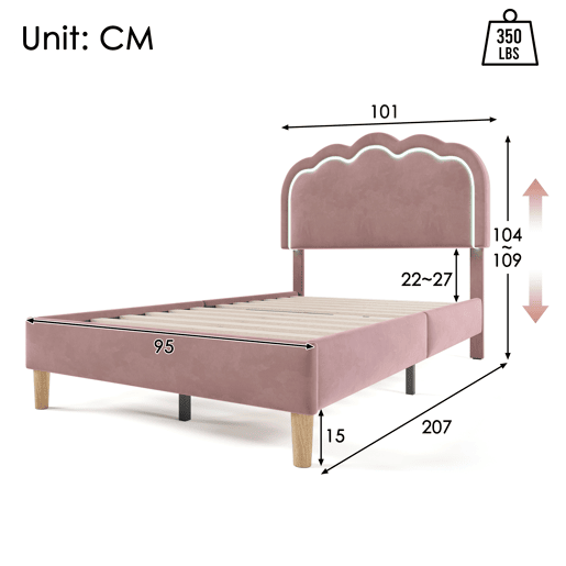 Cama estofada em veludo 90x200cm - com LED e estrado - Rosa Cama estofada em veludo 90x200cm - com LED e estrado - Rosa