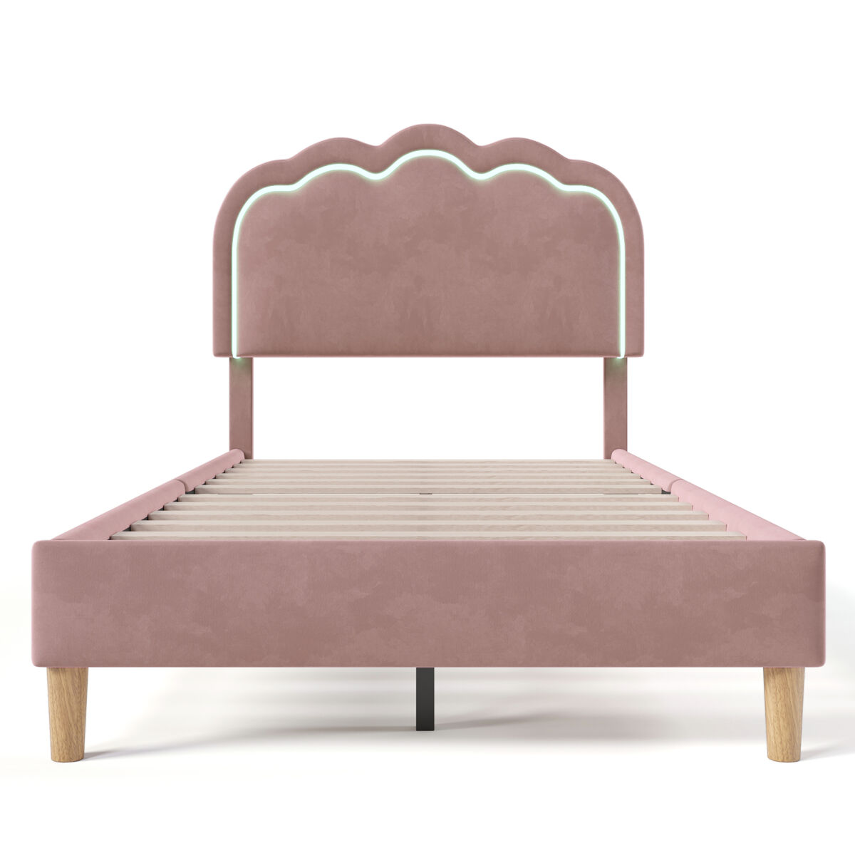 Cama 90x190 tapizada en terciopelo - con led y somier - rosa