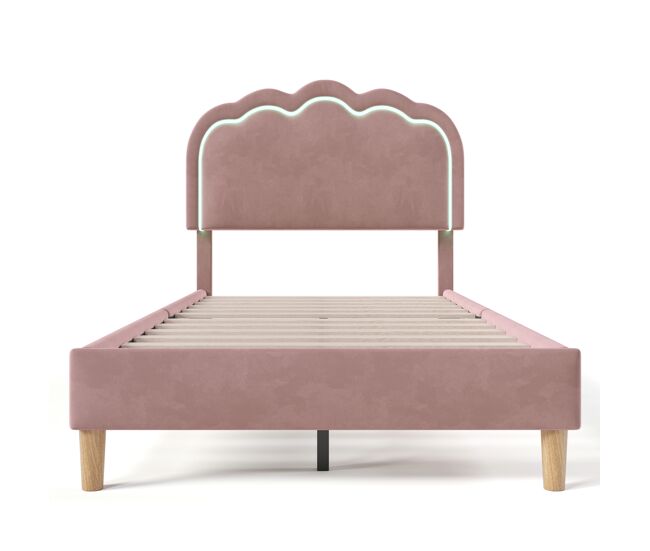 Cama 90x190 tapizada en terciopelo - con led y somier - rosa