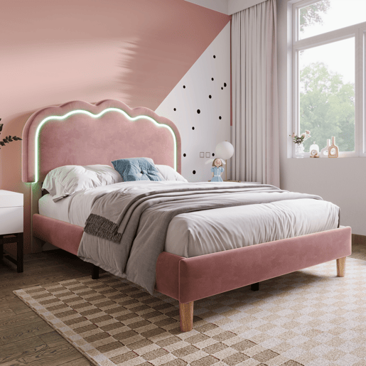Cama estofada em veludo 90x190 - com LED e estrado - Rosa