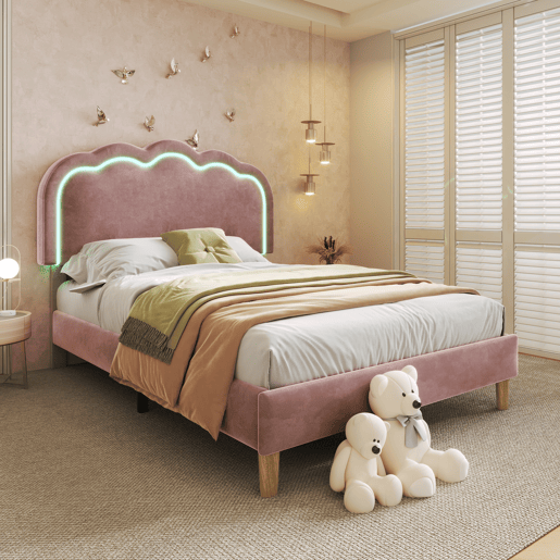 Cama estofada em veludo 90x190 - com LED e estrado - Rosa