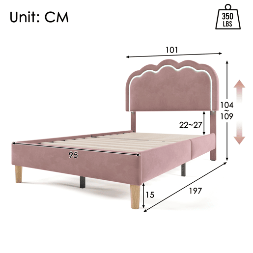 Cama estofada em veludo 90x190 - com LED e estrado - Rosa