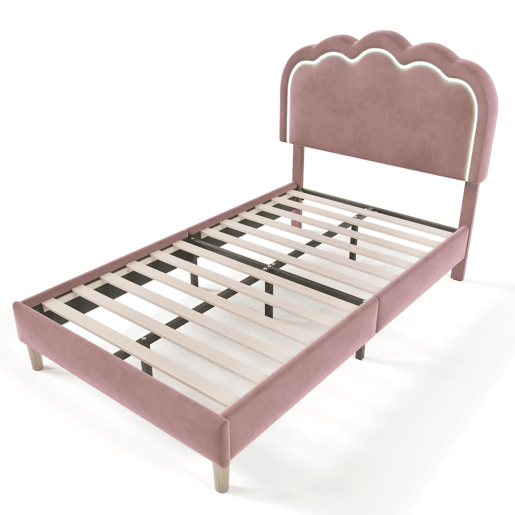 Cama estofada em veludo 90x190 - com LED e estrado - Rosa