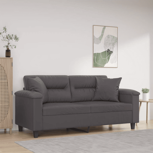 Sofá 2 lugares - Sofá fixo + almofadas decorativas 140cm couro artif. cinza Sofá 2 lugares - Sofá fixo + almofadas decorativas 140cm couro artif. cinza