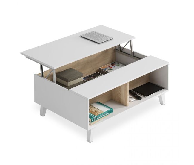 Mesa de centro elevable con almacenaje oculto en blanco brillo y roble canadian 100x38-50 cm Niva Blanco Brillo - Roble Canadian 100 x 38 x cm