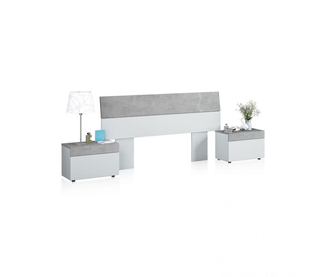 Cabecero con patas y 2 mesitas con cajón en blanco artik y gris cemento 135-150 cm Axel Blanco Artik (Blanco Mate) - Gris Cemento 176 x 96,5 x 40 cm