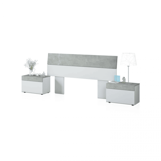 Cabeceira Axel com mesas de cabeceira Branco Artik (Branco mate) - Cinzento Cimento 176 x 96,5 x 40 cm