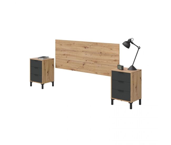 Cabecero para cama de 135-150 cm y 2 mesitas con cajones en gris antracita y roble nodi Luke Gris Antracita - Roble Nodi 160 x 60 x 2,5 cm