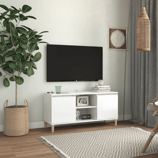Móvel de TV - Modulo de TV - Armário de TV pernas de madeira 103,5x35x50 cm branco brilhante