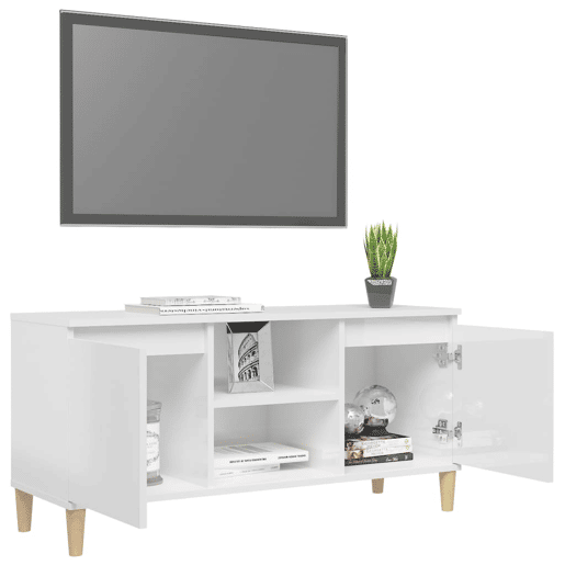 Móvel de TV - Modulo de TV - Armário de TV pernas de madeira 103,5x35x50 cm branco brilhante