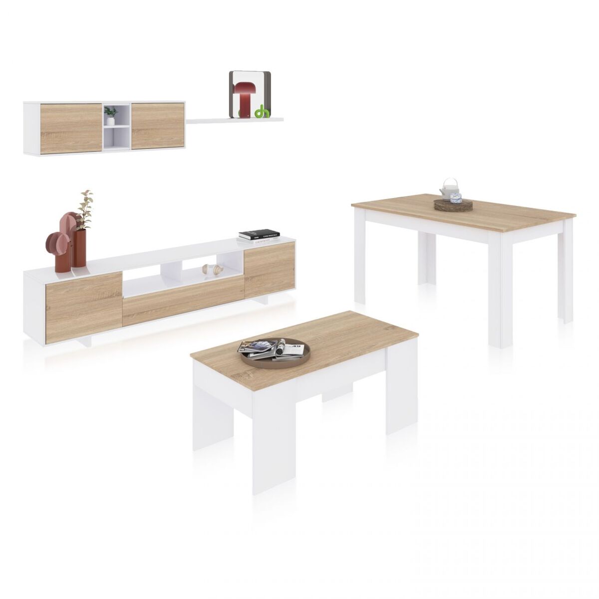 Pack salón con mesa de centro y mesa de comedor kenzo max v2b blanco brillo - roble canadian 200 x 46 x 41 cm