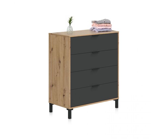 Cómoda de 4 cajones formato vertical en gris antracita y roble nodi 77,5x94 cm Luke Gris Antracita - Roble Nodi 77,5 x 94 x 40 cm