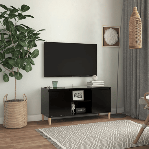 Móvel de TV - Modulo de TV - Armário de TV com pernas de madeira maciça 103,5x35x50 cm preto