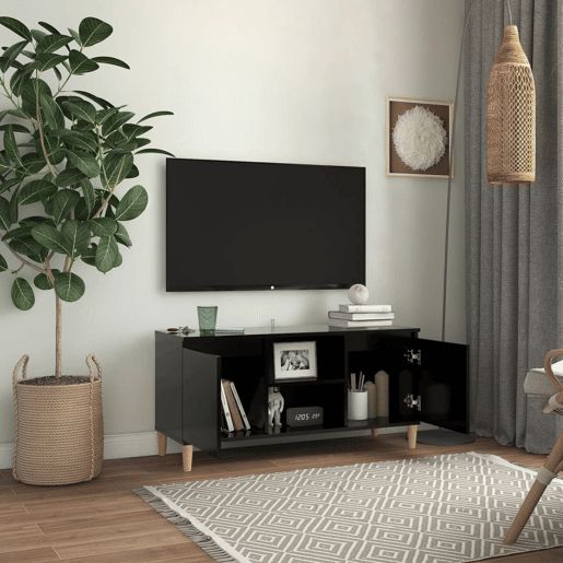 Móvel de TV - Modulo de TV - Armário de TV com pernas de madeira maciça 103,5x35x50 cm preto