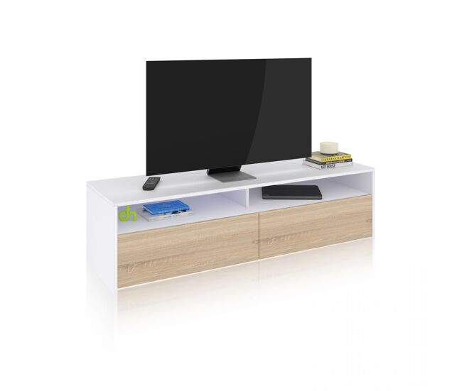 Mueble TV de 2 puertas y 2 estantes en blanco artik y roble canadian 139 cm Elba Blanco Artik (Blanco Mate) - Roble Canadian 130 x 35,5 x 40,2 cm