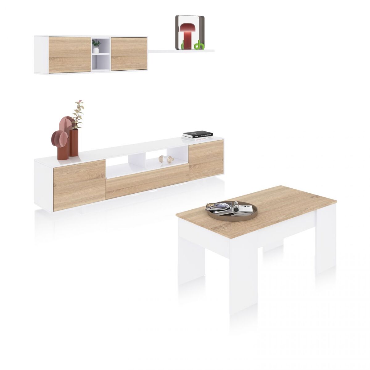 Pack salón con mesa de centro kenzo plus v2 blanco brillo - roble canadian 200 x 46 x 41 cm