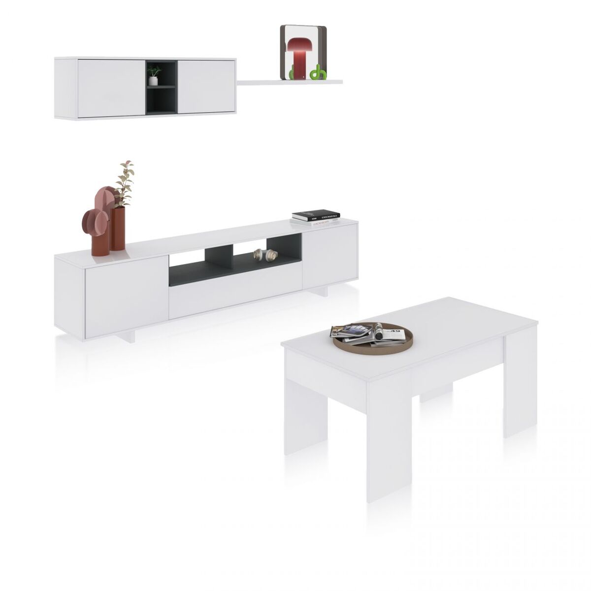 Pack salón con mesa de centro kenzo plus v2 blanco brillo - gris antracita 200 x 46 x 41 cm