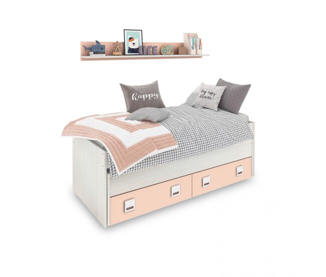 Cama nido juvenil con estante y almacenaje en blanco alpes y rosa 96x200 cm kenia blanco alpes - rosa 200 x 69 x 96 cm